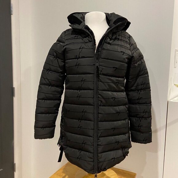 Desigual Womens Long Black Hooded Puffer Jacket Size 36 With Side Lace Details - Picture 4 of 16